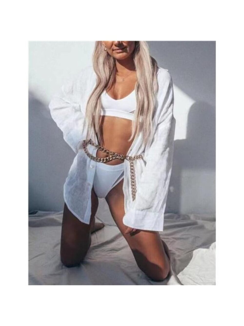 Women's Swimsuit Coverup Long Sleeve Linen Bikini Cover Up Shirt, White - Picture 3 of 6